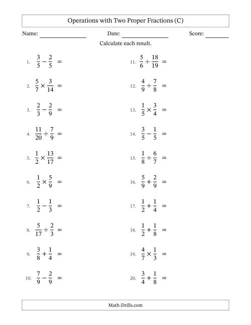 The Operations with Two Proper Fractions with Equal Denominators, Proper Fractions Results and No Simplifying (C) Math Worksheet