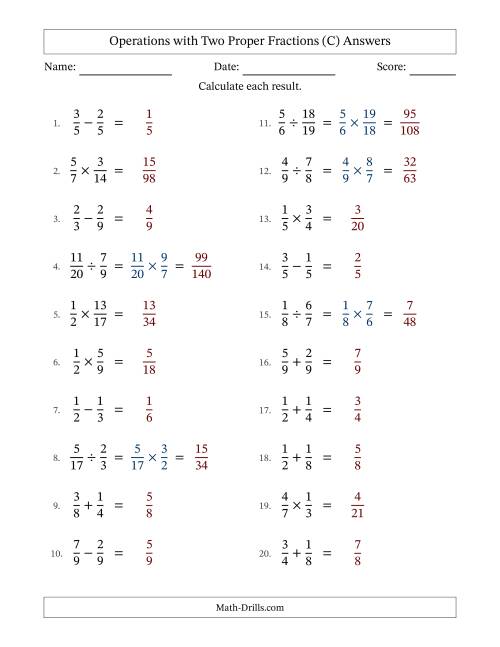 The Operations with Two Proper Fractions with Equal Denominators, Proper Fractions Results and No Simplifying (C) Math Worksheet Page 2