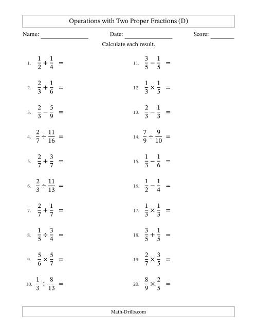 The Operations with Two Proper Fractions with Equal Denominators, Proper Fractions Results and No Simplifying (D) Math Worksheet