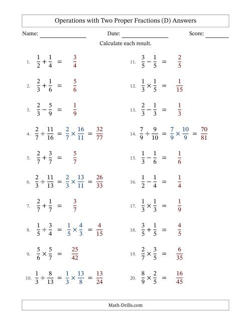 The Operations with Two Proper Fractions with Equal Denominators, Proper Fractions Results and No Simplifying (D) Math Worksheet Page 2