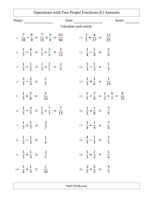 The Operations with Two Proper Fractions with Equal Denominators, Proper Fractions Results and No Simplifying (E) Math Worksheet Page 2