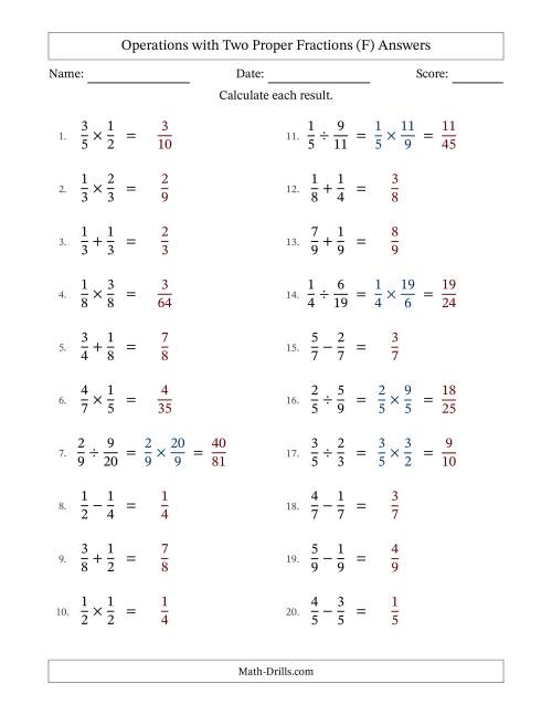 The Operations with Two Proper Fractions with Equal Denominators, Proper Fractions Results and No Simplifying (F) Math Worksheet Page 2