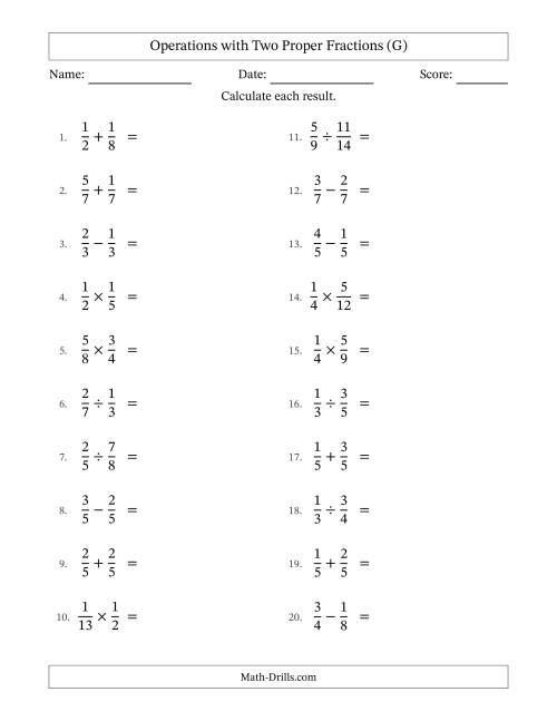 The Operations with Two Proper Fractions with Equal Denominators, Proper Fractions Results and No Simplifying (G) Math Worksheet