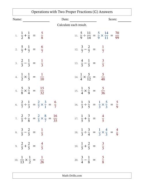 The Operations with Two Proper Fractions with Equal Denominators, Proper Fractions Results and No Simplifying (G) Math Worksheet Page 2