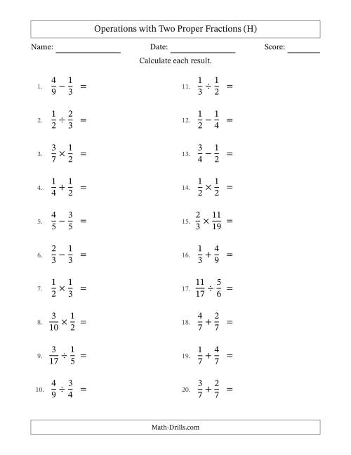 The Operations with Two Proper Fractions with Equal Denominators, Proper Fractions Results and No Simplifying (H) Math Worksheet