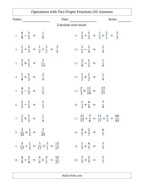 The Operations with Two Proper Fractions with Equal Denominators, Proper Fractions Results and No Simplifying (H) Math Worksheet Page 2