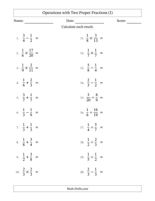 The Operations with Two Proper Fractions with Equal Denominators, Proper Fractions Results and No Simplifying (I) Math Worksheet