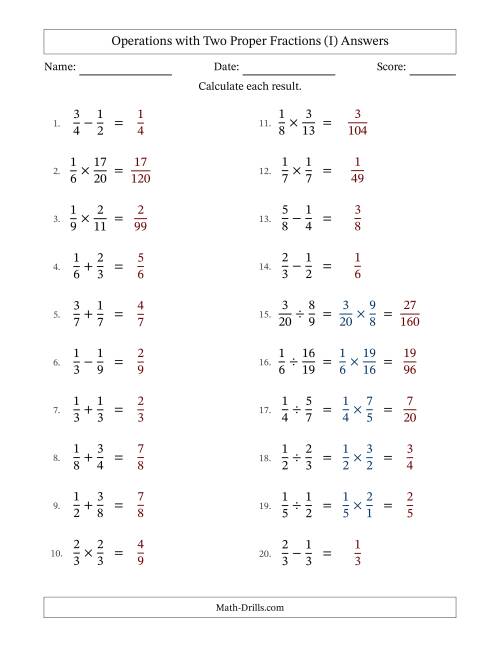 The Operations with Two Proper Fractions with Equal Denominators, Proper Fractions Results and No Simplifying (I) Math Worksheet Page 2