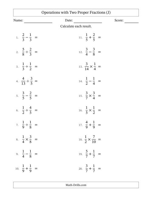 The Operations with Two Proper Fractions with Equal Denominators, Proper Fractions Results and No Simplifying (J) Math Worksheet