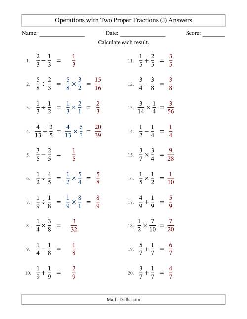 The Operations with Two Proper Fractions with Equal Denominators, Proper Fractions Results and No Simplifying (J) Math Worksheet Page 2
