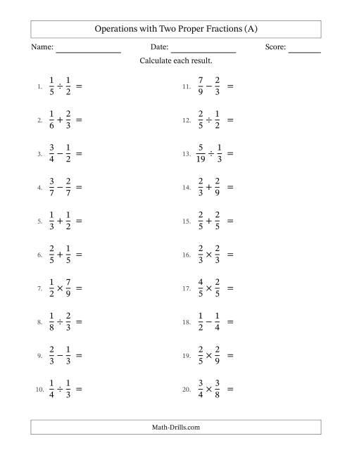 The Operations with Two Proper Fractions with Equal Denominators, Proper Fractions Results and No Simplifying (All) Math Worksheet