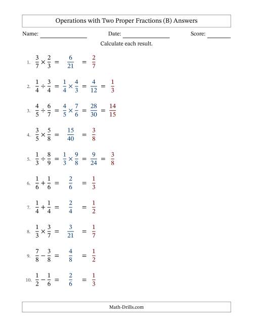 The Operations with Two Proper Fractions with Equal Denominators, Proper Fractions Results and All Simplifying (B) Math Worksheet Page 2