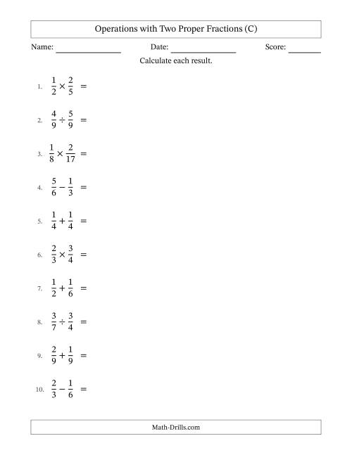 The Operations with Two Proper Fractions with Equal Denominators, Proper Fractions Results and All Simplifying (C) Math Worksheet