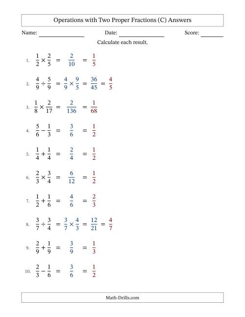 The Operations with Two Proper Fractions with Equal Denominators, Proper Fractions Results and All Simplifying (C) Math Worksheet Page 2