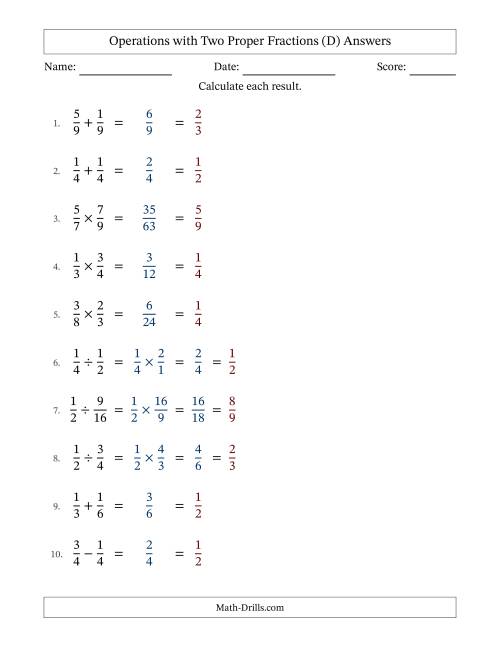 The Operations with Two Proper Fractions with Equal Denominators, Proper Fractions Results and All Simplifying (D) Math Worksheet Page 2