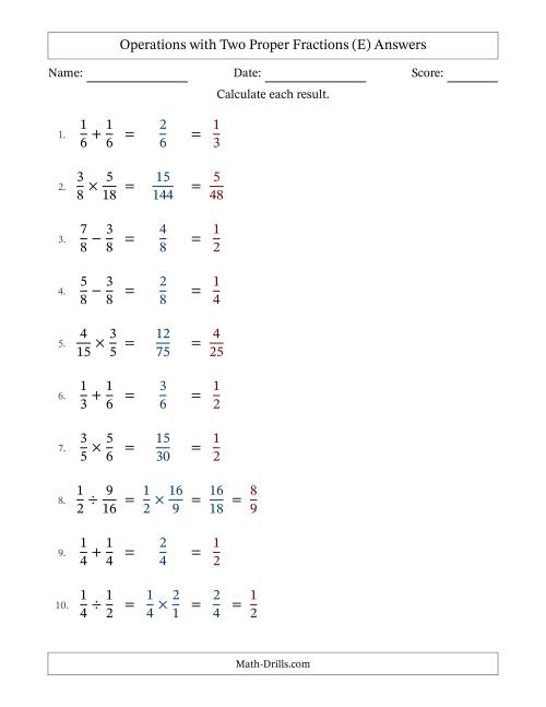 The Operations with Two Proper Fractions with Equal Denominators, Proper Fractions Results and All Simplifying (E) Math Worksheet Page 2