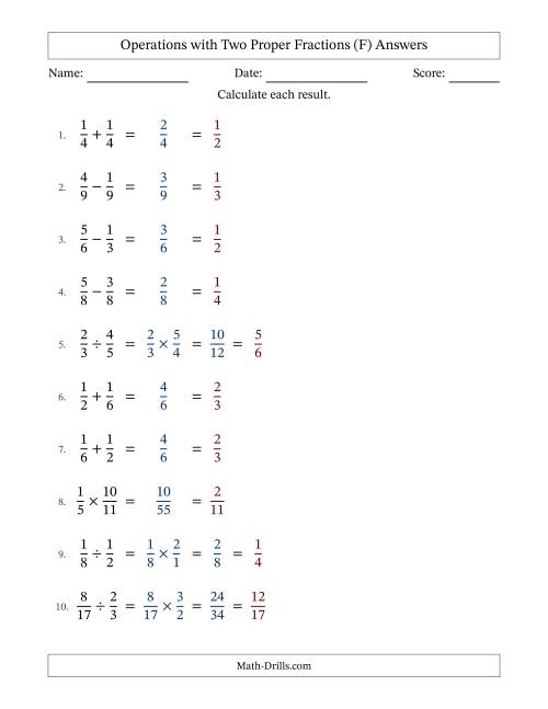 The Operations with Two Proper Fractions with Equal Denominators, Proper Fractions Results and All Simplifying (F) Math Worksheet Page 2