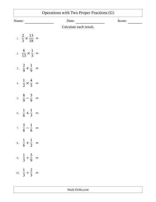 The Operations with Two Proper Fractions with Equal Denominators, Proper Fractions Results and All Simplifying (G) Math Worksheet
