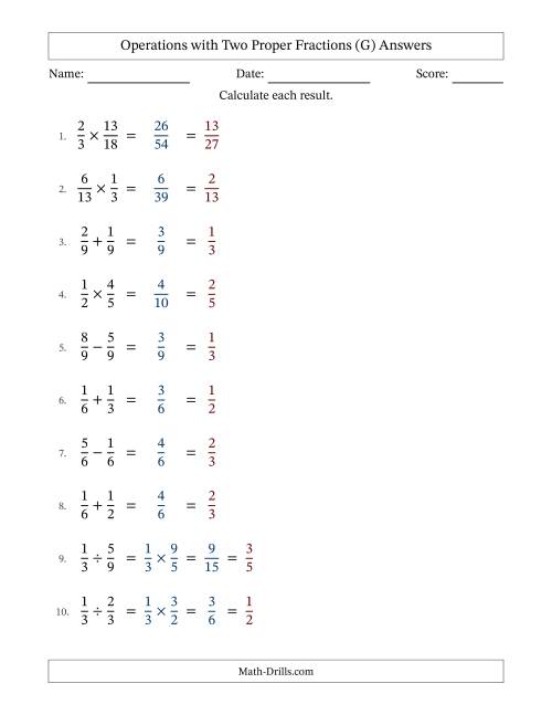 The Operations with Two Proper Fractions with Equal Denominators, Proper Fractions Results and All Simplifying (G) Math Worksheet Page 2