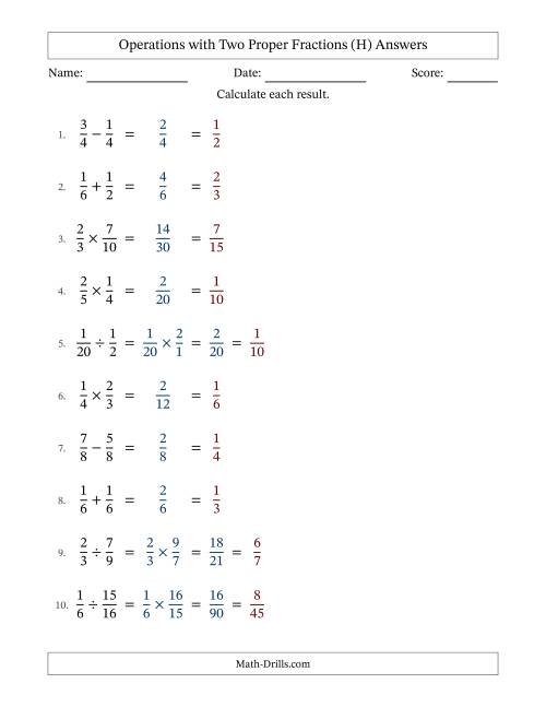 The Operations with Two Proper Fractions with Equal Denominators, Proper Fractions Results and All Simplifying (H) Math Worksheet Page 2