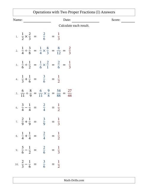 The Operations with Two Proper Fractions with Equal Denominators, Proper Fractions Results and All Simplifying (I) Math Worksheet Page 2