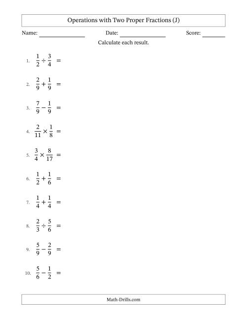 The Operations with Two Proper Fractions with Equal Denominators, Proper Fractions Results and All Simplifying (J) Math Worksheet