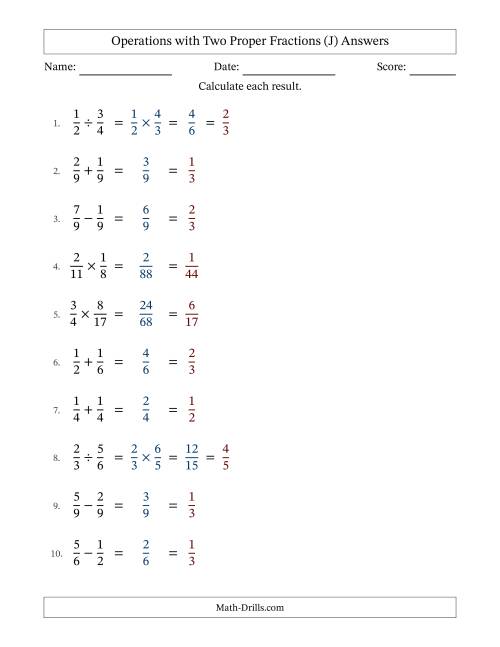 The Operations with Two Proper Fractions with Equal Denominators, Proper Fractions Results and All Simplifying (J) Math Worksheet Page 2