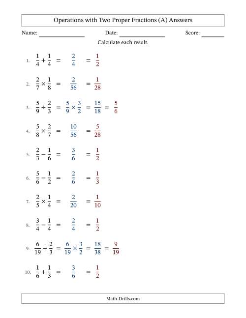 The Operations with Two Proper Fractions with Equal Denominators, Proper Fractions Results and All Simplifying (All) Math Worksheet Page 2