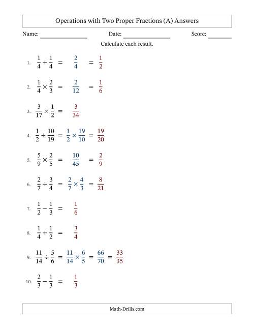 The Operations with Two Proper Fractions with Equal Denominators, Proper Fractions Results and Some Simplifying (A) Math Worksheet Page 2