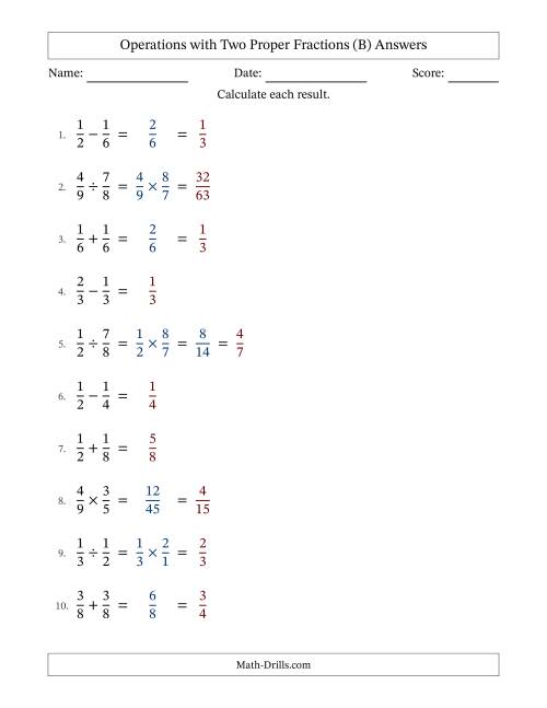 The Operations with Two Proper Fractions with Equal Denominators, Proper Fractions Results and Some Simplifying (B) Math Worksheet Page 2