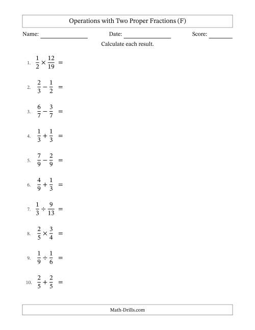 The Operations with Two Proper Fractions with Equal Denominators, Proper Fractions Results and Some Simplifying (F) Math Worksheet