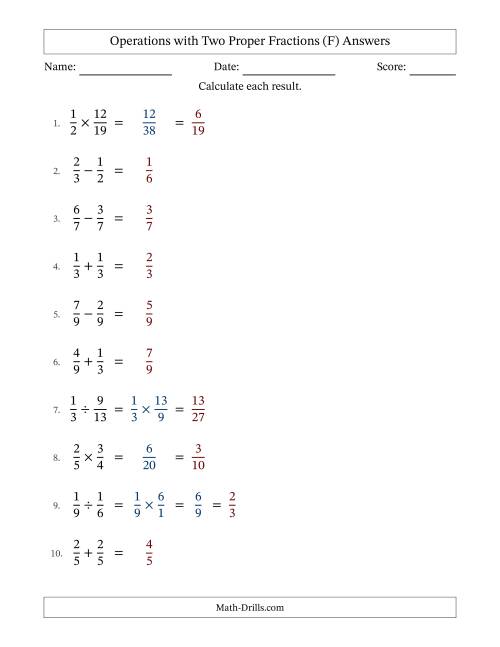 The Operations with Two Proper Fractions with Equal Denominators, Proper Fractions Results and Some Simplifying (F) Math Worksheet Page 2