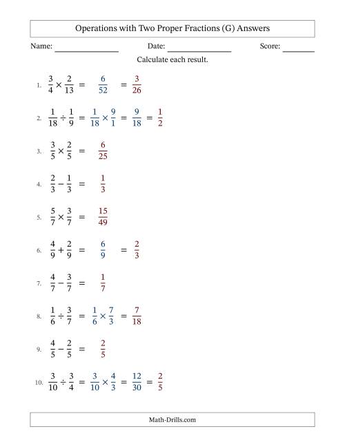 The Operations with Two Proper Fractions with Equal Denominators, Proper Fractions Results and Some Simplifying (G) Math Worksheet Page 2