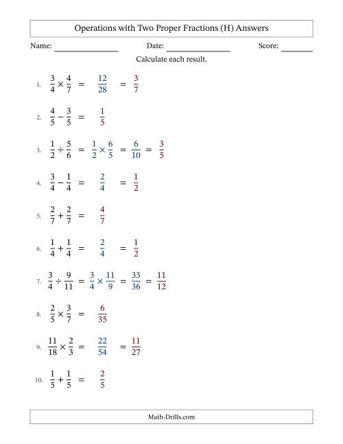 The Operations with Two Proper Fractions with Equal Denominators, Proper Fractions Results and Some Simplifying (H) Math Worksheet Page 2