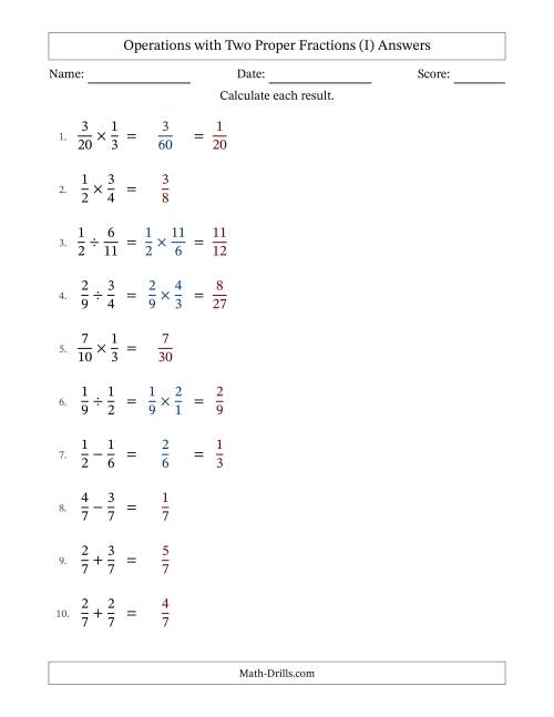 The Operations with Two Proper Fractions with Equal Denominators, Proper Fractions Results and Some Simplifying (I) Math Worksheet Page 2