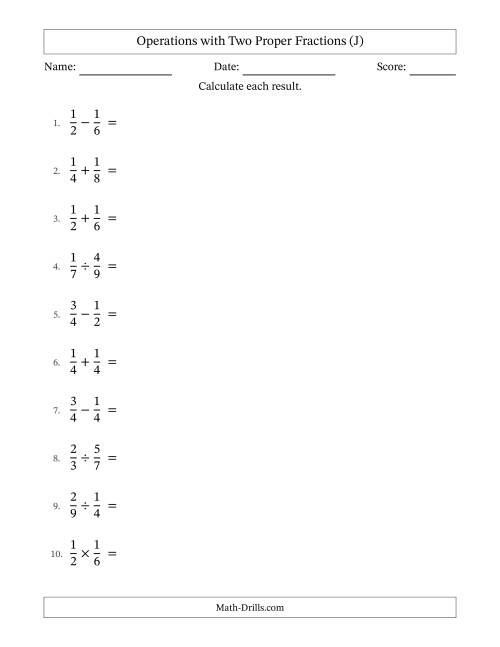 The Operations with Two Proper Fractions with Equal Denominators, Proper Fractions Results and Some Simplifying (J) Math Worksheet