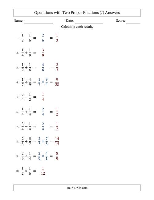 The Operations with Two Proper Fractions with Equal Denominators, Proper Fractions Results and Some Simplifying (J) Math Worksheet Page 2