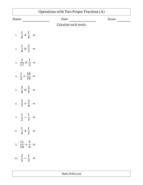 The Operations with Two Proper Fractions with Equal Denominators, Proper Fractions Results and Some Simplifying (All) Math Worksheet