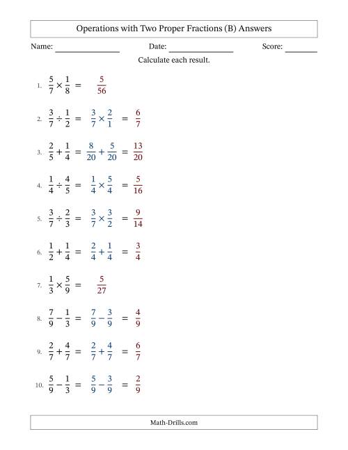 The Operations with Two Proper Fractions with Similar Denominators, Proper Fractions Results and No Simplifying (B) Math Worksheet Page 2
