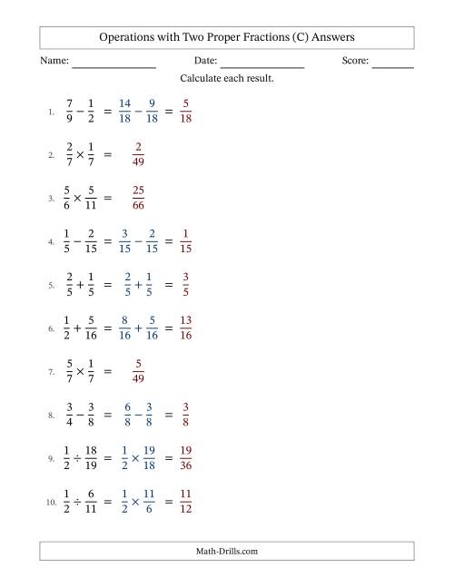 The Operations with Two Proper Fractions with Similar Denominators, Proper Fractions Results and No Simplifying (C) Math Worksheet Page 2