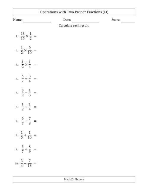 The Operations with Two Proper Fractions with Similar Denominators, Proper Fractions Results and No Simplifying (D) Math Worksheet