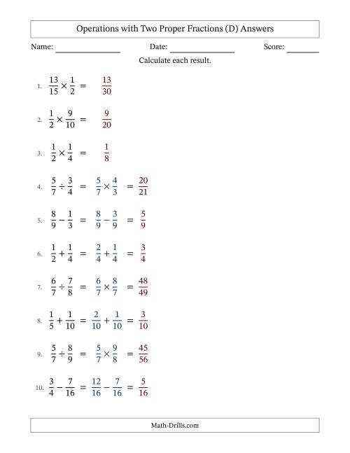 The Operations with Two Proper Fractions with Similar Denominators, Proper Fractions Results and No Simplifying (D) Math Worksheet Page 2