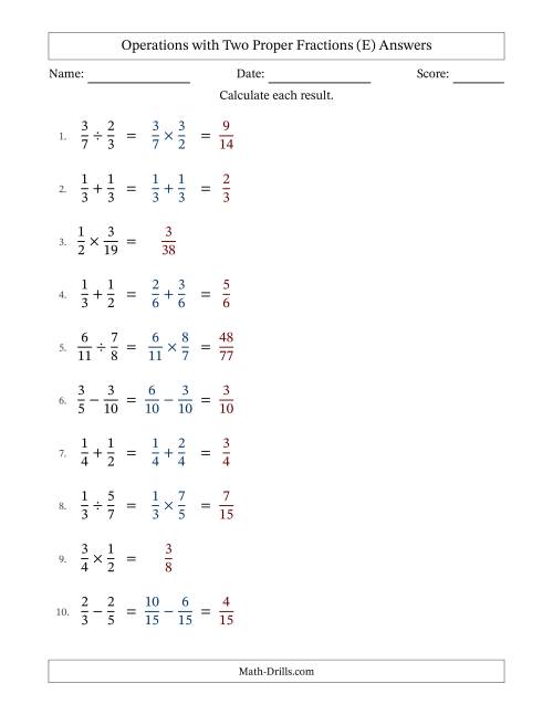 The Operations with Two Proper Fractions with Similar Denominators, Proper Fractions Results and No Simplifying (E) Math Worksheet Page 2