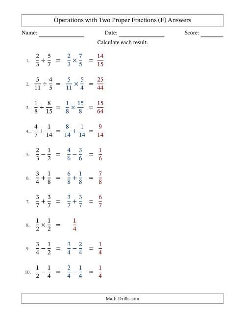 The Operations with Two Proper Fractions with Similar Denominators, Proper Fractions Results and No Simplifying (F) Math Worksheet Page 2