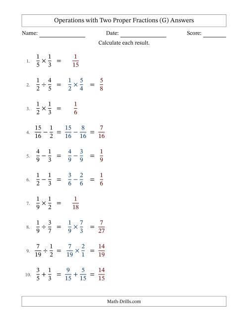 The Operations with Two Proper Fractions with Similar Denominators, Proper Fractions Results and No Simplifying (G) Math Worksheet Page 2
