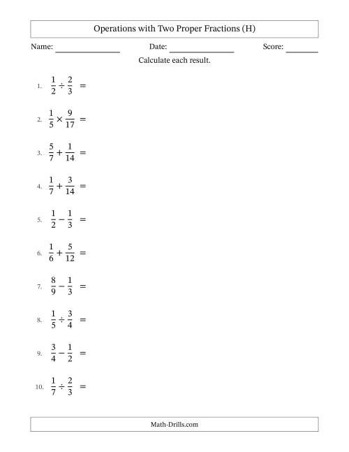 The Operations with Two Proper Fractions with Similar Denominators, Proper Fractions Results and No Simplifying (H) Math Worksheet