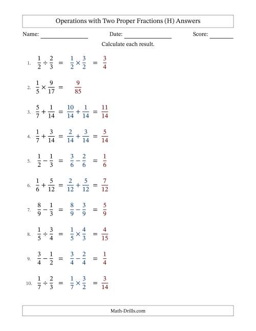 The Operations with Two Proper Fractions with Similar Denominators, Proper Fractions Results and No Simplifying (H) Math Worksheet Page 2
