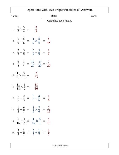 The Operations with Two Proper Fractions with Similar Denominators, Proper Fractions Results and No Simplifying (I) Math Worksheet Page 2