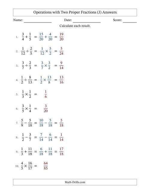 The Operations with Two Proper Fractions with Similar Denominators, Proper Fractions Results and No Simplifying (J) Math Worksheet Page 2