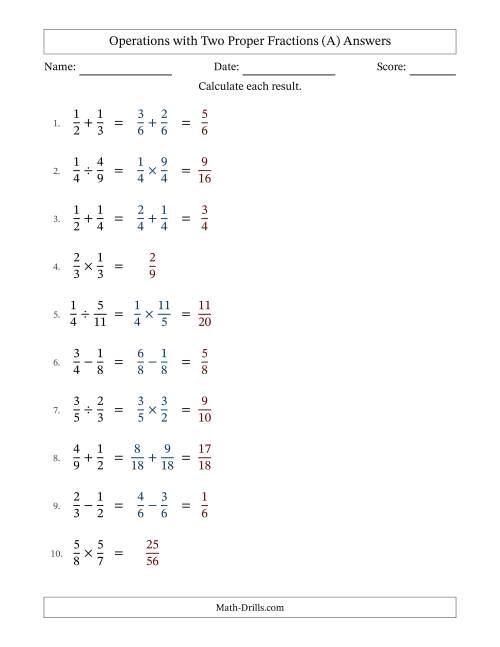 The Operations with Two Proper Fractions with Similar Denominators, Proper Fractions Results and No Simplifying (All) Math Worksheet Page 2